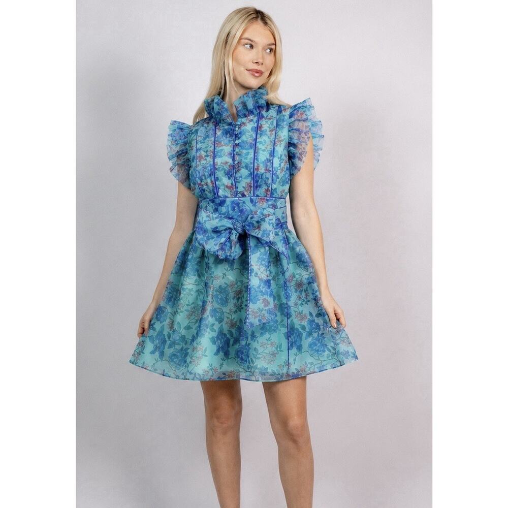 Sue Sartor Floral Silk Organza Ruffle Sleeve Mini Dress XL